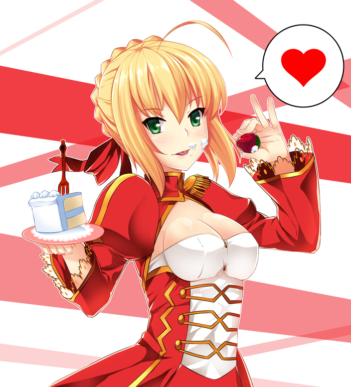 1girl ahoge blonde_hair butter-t cake epaulettes fate/extra fate/extra_ccc fate_(series) food fruit green_eyes hair_ribbon ribbon saber_extra strawberry