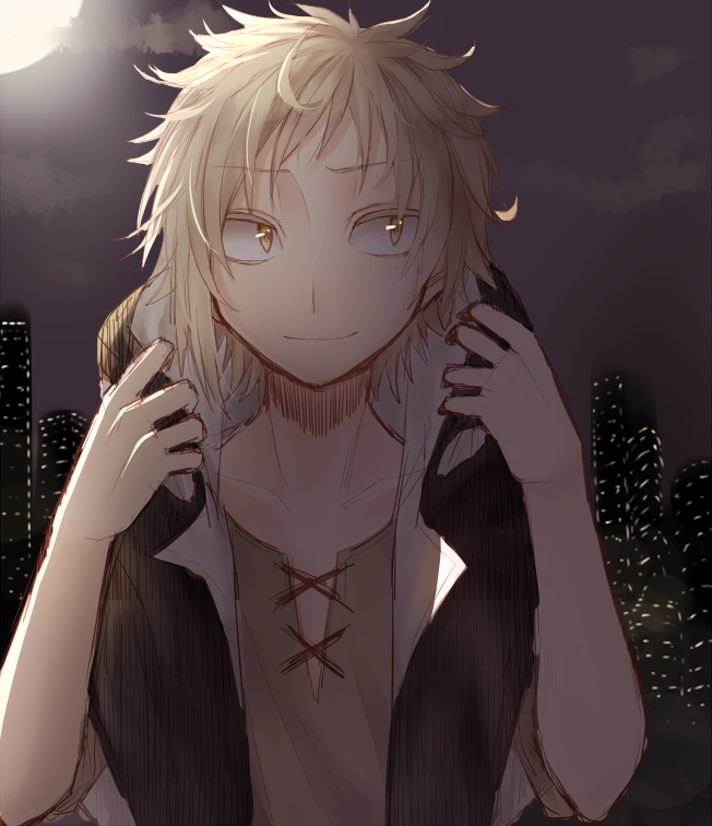 1boy artist_request blonde_hair cityscape hoodie kagerou_project kano_shuuya moon night night_sky short_hair sky smile solo yellow_eyes