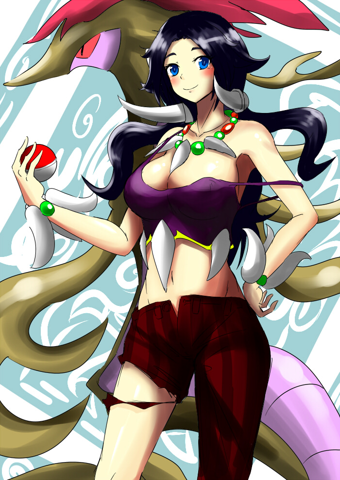 1girl asymmetrical_clothes black_hair blue_eyes breasts cleavage dracaena_(pokemon) dragalge elite_four hand_on_hip holding holding_poke_ball ichitsuki_nebura jewelry large_breasts long_hair midriff navel necklace open_fly poke_ball pokemon pokemon_(game) pokemon_xy single_pantsleg solo_focus strap_gap strap_slip tooth_necklace torn_clothes torn_pants unzipped younger