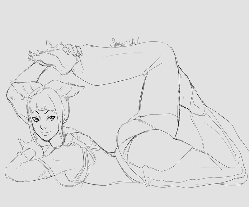 1girl barefoot flexible han_juri legs_over_head lying on_stomach shugarskull sketch smile solo street_fighter