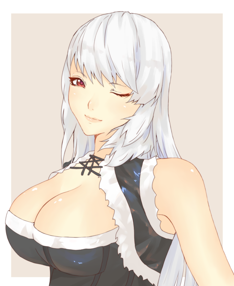 1girl blade_&amp;_soul breasts character_request cleavage highres large_breasts lips long_hair one_eye_closed red_eyes silver_hair solo wink x&amp;x&amp;x