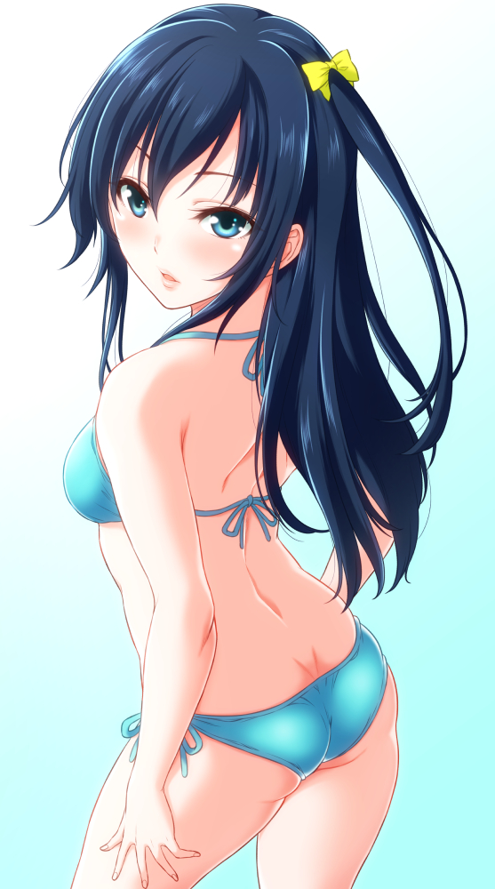 1girl ass bare_shoulders bikini blue_bikini blue_eyes blue_hair dimples_of_venus foreshortening from_behind gradient gradient_background lips long_hair looking_back one_side_up original parted_lips shouji_2 side-tie_bikini simple_background solo swimsuit