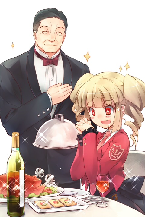 +_+ 1boy 1girl ^_^ alcohol beelzebub black_hair blonde_hair bowtie closed_eyes cup drill_hair drooling food fork formal gouda_toshirou hand_on_own_chest hands_clasped necktie open_mouth plate red_eyes smile sparkle stakes_of_purgatory suit turkey_(food) twin_drills umineko_no_naku_koro_ni wanko_(takohati8) wine wine_glass