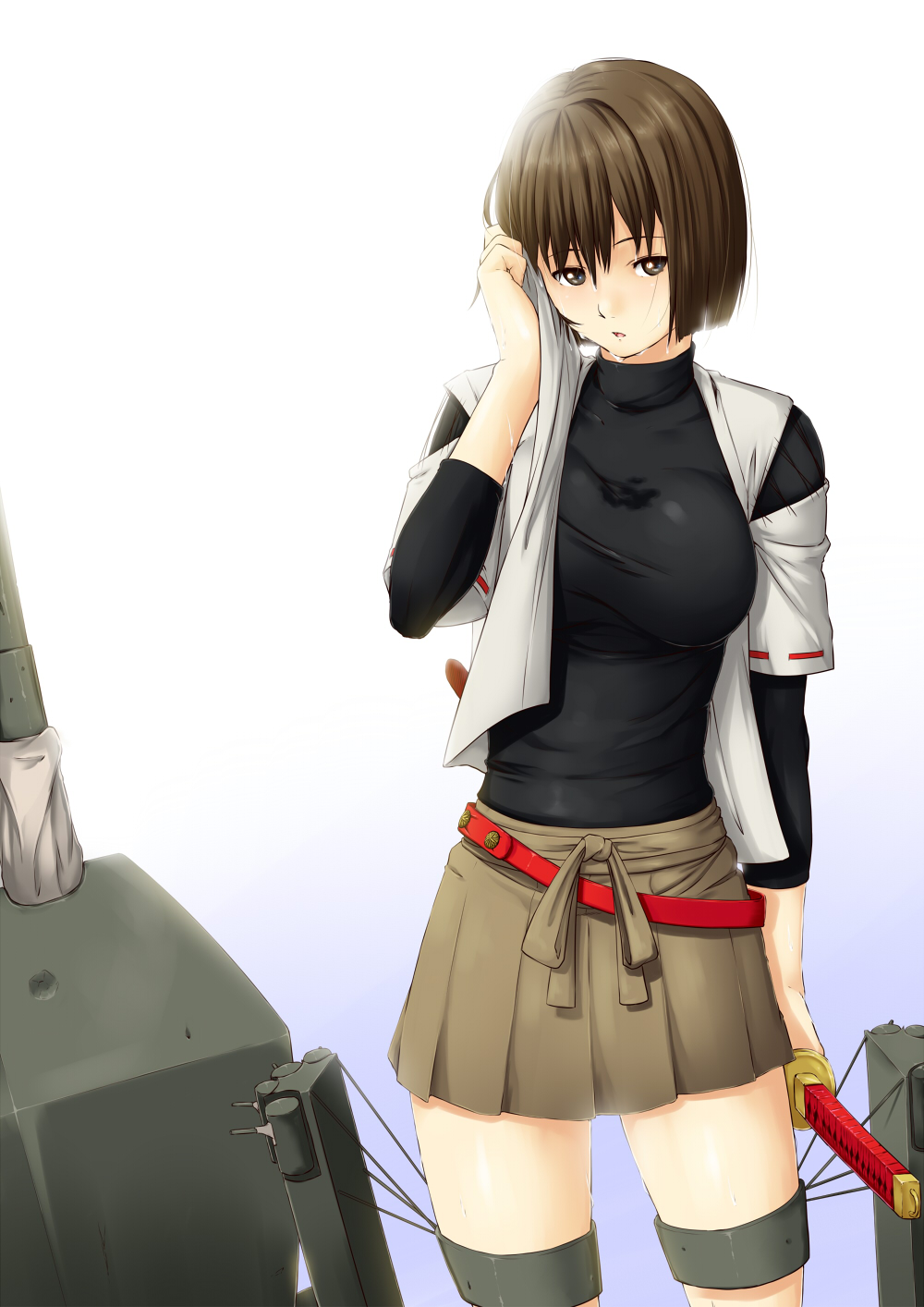 1girl brown_eyes brown_hair highres hyuuga_(kantai_collection) japanese_clothes kantai_collection katana niwatazumi personification short_hair sweat sword weapon