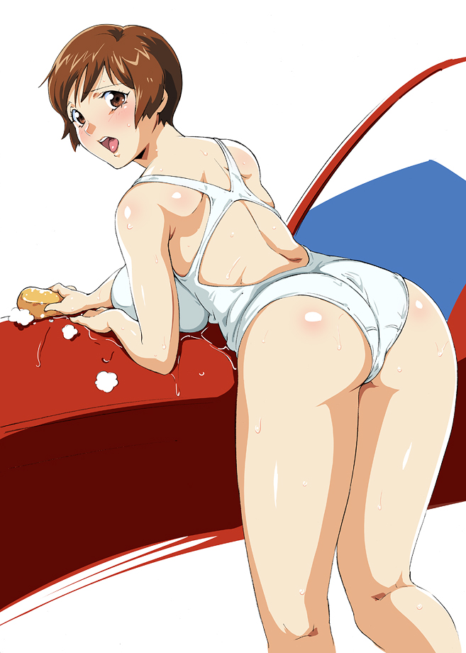 1girl breast_rest breasts brown_eyes brown_hair competition_swimsuit e_rondon_boots large_breasts one-piece_swimsuit short_hair sponge super_real_mahjong sweat sweating swimsuit toyohara_etsuko wet