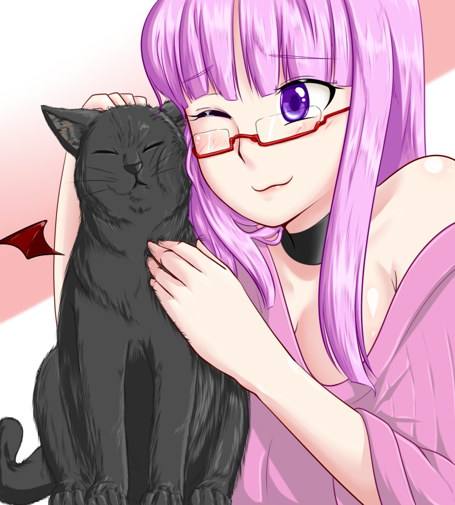 1girl :3 alternate_costume black_cat blush breasts cat choker cleavage closed_eyes glasses long_hair off_shoulder one_eye_closed patchouli_knowledge payot petting purple_hair reizou semi-rimless_glasses touhou under-rim_glasses violet_eyes wink