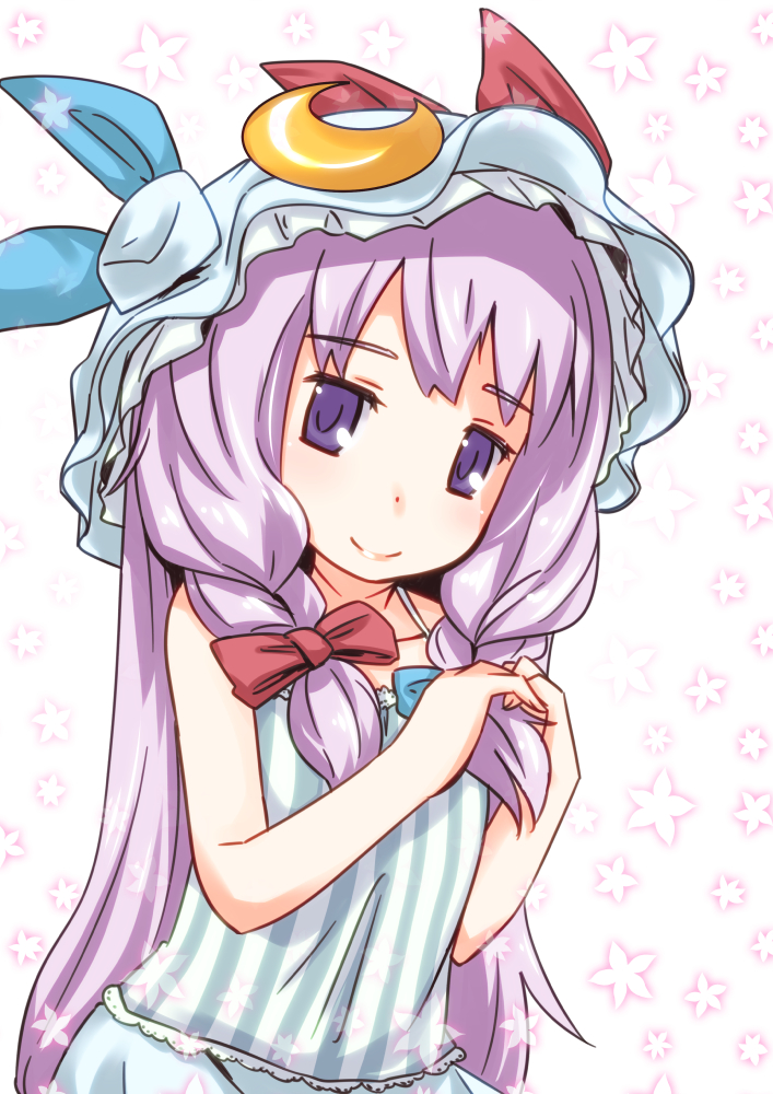 1girl bare_shoulders bow braid crescent_hair_ornament hair_bow hair_ornament hat hat_bow lingerie long_hair mayuge_inu negligee patchouli_knowledge purple_hair sleeveless solo touhou underwear very_long_hair violet_eyes