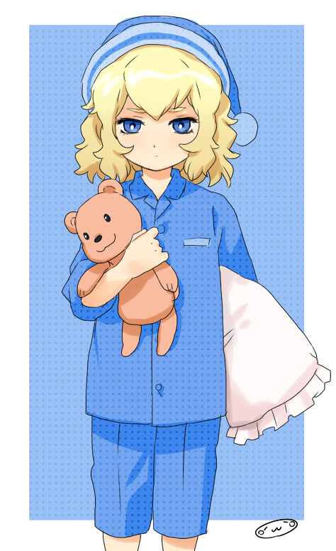 1boy androgynous blonde_hair blue_eyes blush danball_senki danball_senki_wars hoshihara_hikaru male mizuhara_aki pajamas pillow solo stuffed_animal stuffed_toy teddy_bear