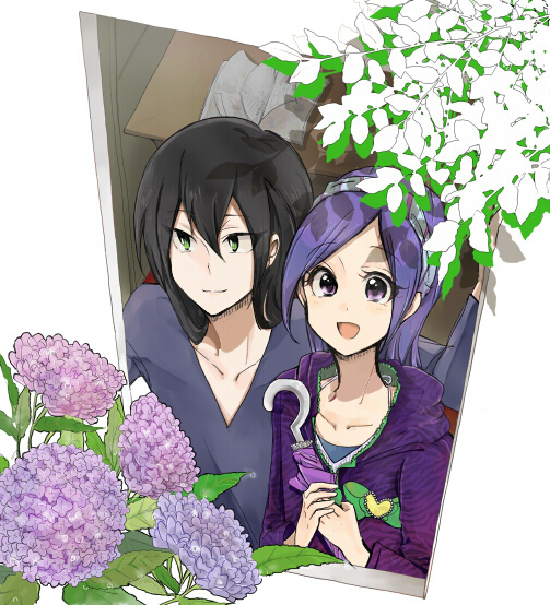 1boy 1girl aono_miki black_hair character_request couple eyelashes flower fresh_precure! green_eyes happy heart hetero jacket long_hair looking_at_viewer open_mouth precure purple_hair purple_jacket ribbon shijima_(agkm) shirt smile tagme umbrella violet_eyes white_background