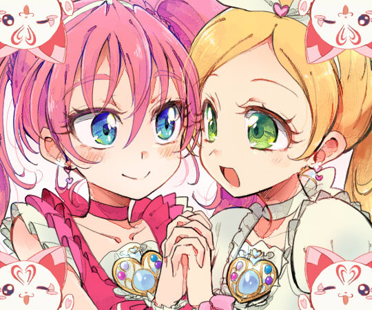 2girls animal blonde_hair blue_eyes blush braid cat choker cure_melody cure_rhythm dress earrings eyelashes frills green_eyes hair_ornament hair_ribbon happy houjou_hibiki hummy_(suite_precure) jewelry long_hair looking_at_another magical_girl mascot minamino_kanade multiple_girls one_eye_closed open_mouth pink_hair pink_shirt ponytail precure ribbon shijima_(agkm) shirt simple_background single_braid smile suite_precure twintails white_background white_dress wink