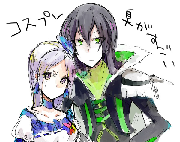 1boy 1girl alternate_hairstyle aono_miki choker couple cure_berry earrings fresh_precure! green_eyes grey_hair hair_down hetero jewelry long_hair looking_at_viewer precure purple_hair shijima_(agkm) shirt simple_background sketch souler standing translation_request uniform violet_eyes white_background