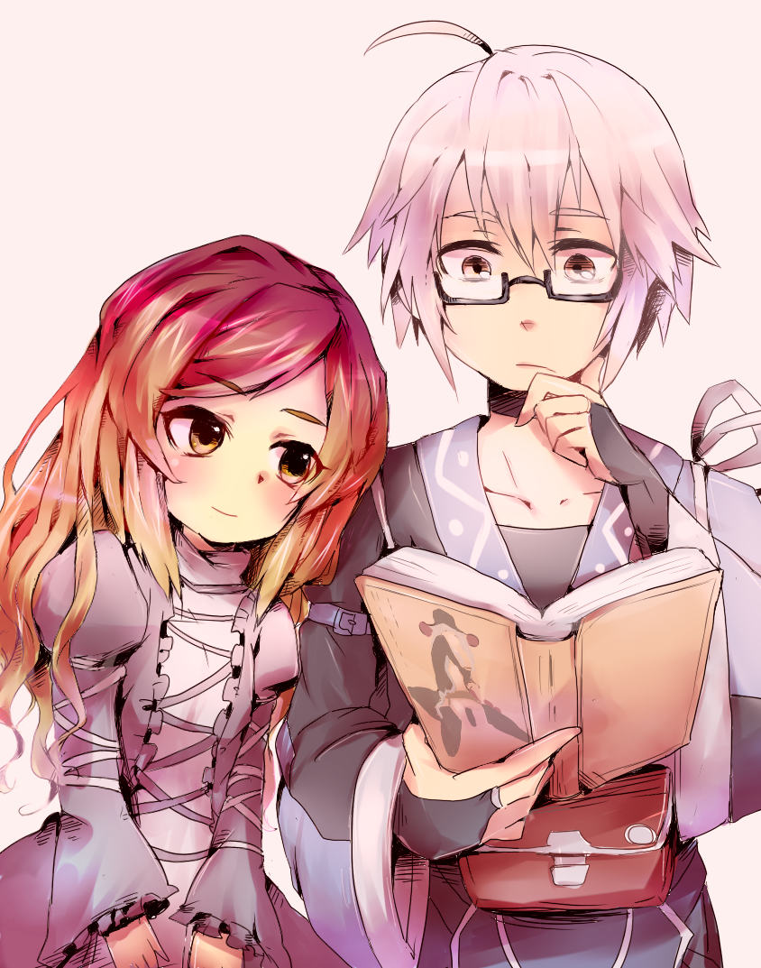 1boy 1girl ahoge book bridal_gauntlets chin_stroking choker collarbone couple cross-laced_clothes glasses gradient_hair height_difference hetero hijiri_byakuren holding holding_book leaning_on_person light_smile long_hair long_sleeves morichika_rinnosuke multicolored_hair pouch reading short_hair silver_hair simple_background touhou wide_sleeves yellow_eyes yuichiitan