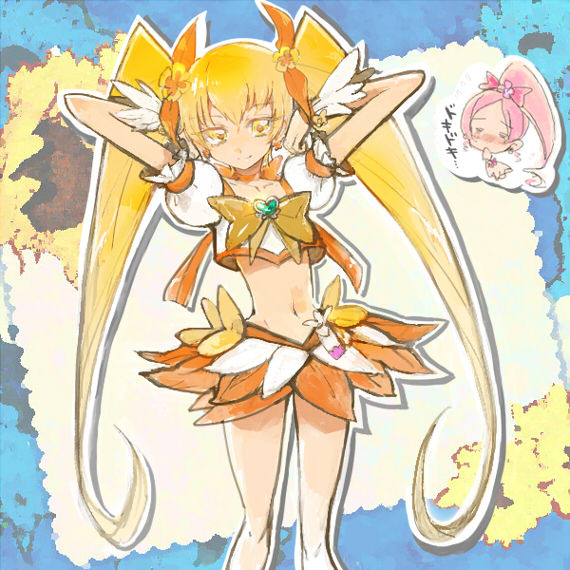 2girls blonde_hair cure_blossom cure_sunshine earrings hair_ornament hair_ribbon hanasaki_tsubomi happy heartcatch_precure! jewelry long_hair looking_at_viewer magical_girl midriff multiple_girls myoudouin_itsuki navel orange_skirt pink_hair ponytail precure puffy_sleeves ribbon shijima_(agkm) shirt skirt smile standing translation_request twintails wrist_cuffs yellow_eyes