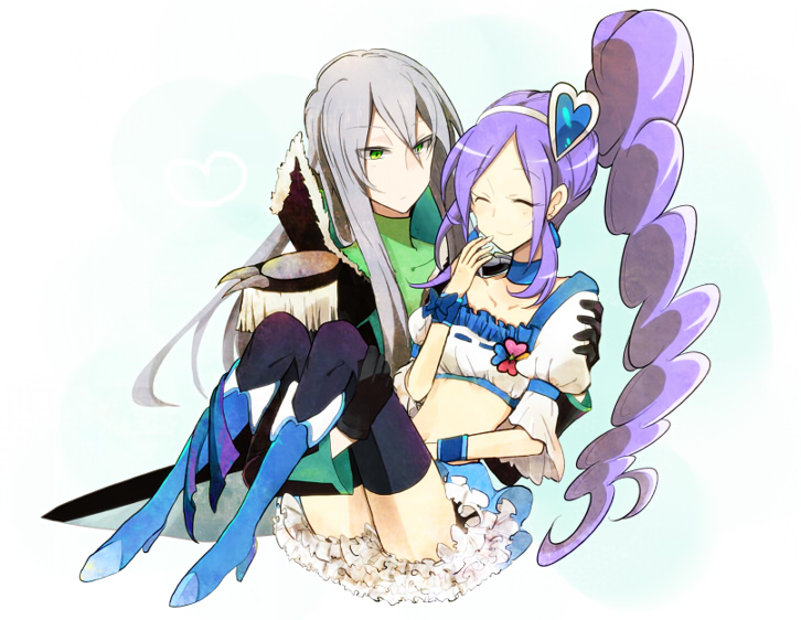 1boy 1girl aono_miki black_legwear blue_skirt boots choker closed_eyes couple cure_berry drill_hair earrings eyelashes fresh_precure! frilled_skirt frills gradient gradient_background green_eyes grey_hair hair_ornament hairband happy heart heart_hair_ornament hetero high_heels jewelry knee_boots long_hair looking_at_another magical_girl midriff navel ponytail precure purple_hair shijima_(agkm) shirt side_ponytail skirt smile souler thigh-highs thighs uniform white_background wrist_cuffs zettai_ryouiki