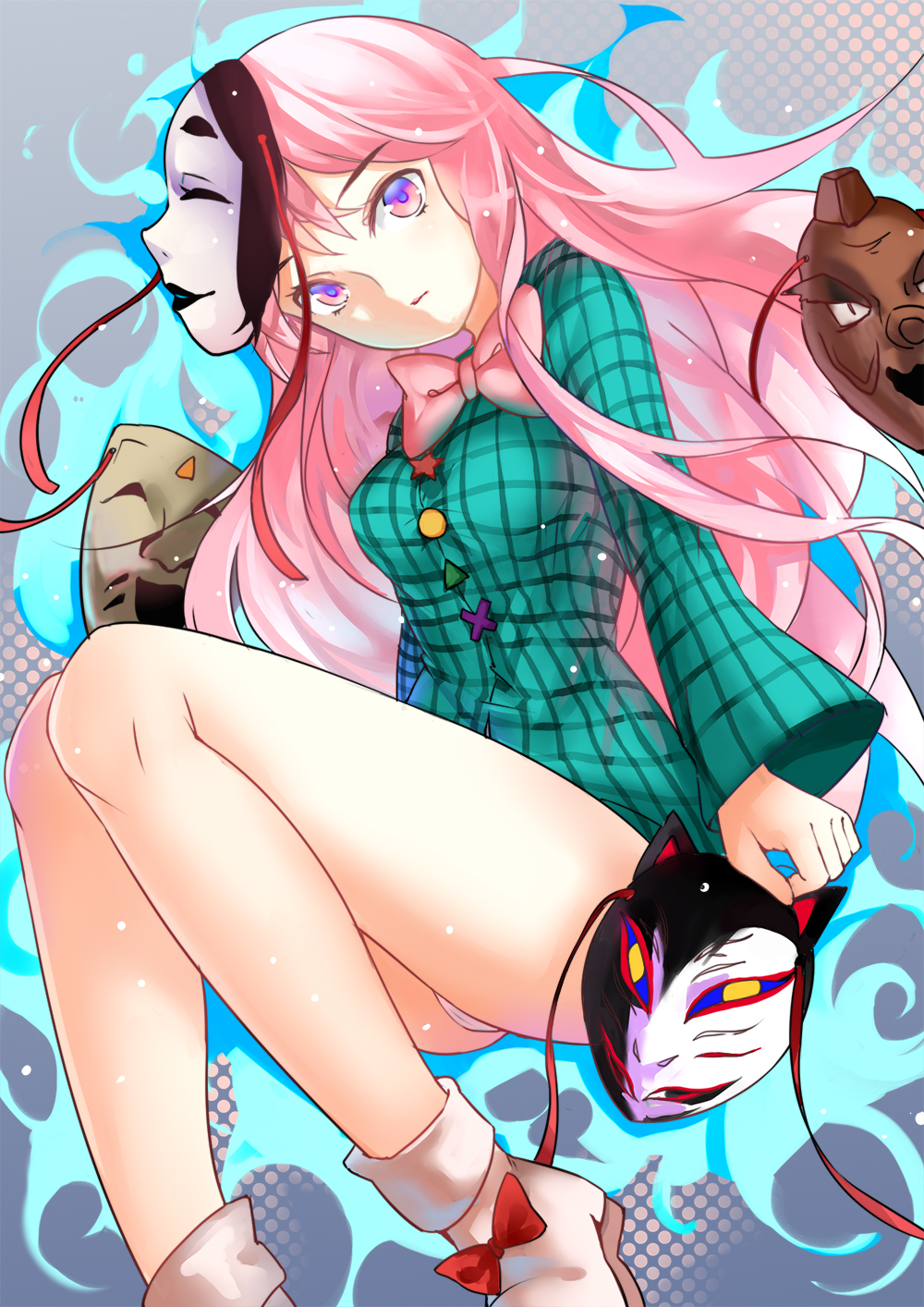 1girl ankle_boots aura bare_legs boots breasts expressionless fox_mask gradient gradient_background hata_no_kokoro head_tilt highres legs_folded long_hair long_sleeves looking_at_viewer mask noh_mask panties pink_eyes pink_hair pink_panties plaid plaid_shirt polka_dot polka_dot_background solo sunege_(hp0715) tengu_mask touhou underwear