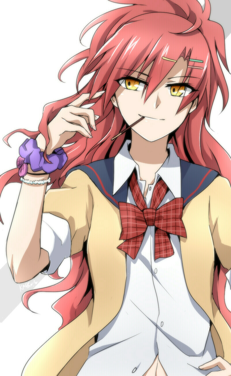 1girl akuma_no_riddle hair_ornament hairclip hand_on_hip highres kago-tan long_hair pocky ponytail redhead sagae_haruki school_uniform scrunchie smile solo yellow_eyes