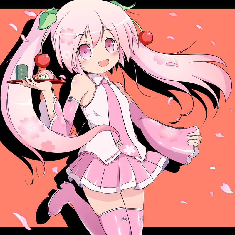 detached_sleeves fang hatsune_miku leg_lift long_hair necktie nekono_rin pink_eyes pink_hair sakura_miku shirt skirt sleeveless sleeveless_shirt smile thigh-highs tray twintails vocaloid