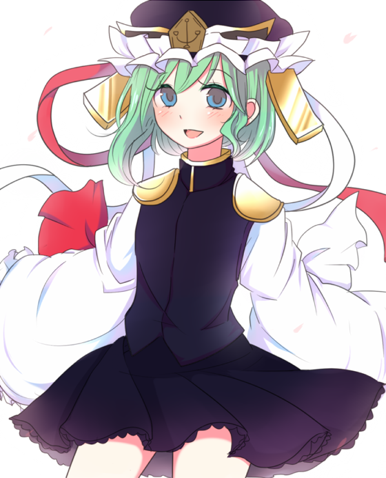 1girl arms_at_sides bianco_(mapolo) blue_clothes blue_eyes blue_skirt green_hair hat long_sleeves looking_at_viewer miniskirt shiki_eiki short_hair skirt skirt_set sleeves_past_wrists smile solo standing touhou turtleneck uniform wide_sleeves