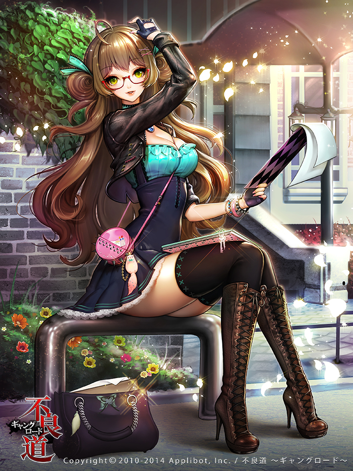 1girl ahoge brown_hair dadachyo dress looking_at_viewer sitting solo sparkle spikes thigh-highs thighs