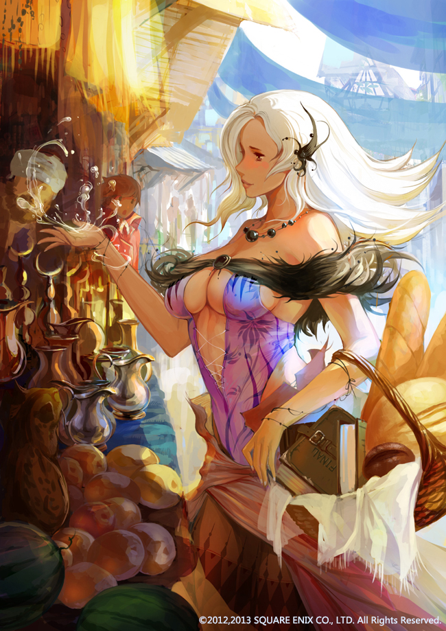 2girls artist_name bare_shoulders basket bread breasts brown_eyes final food jewelry long_hair multiple_girls necklace smile solo square_enix under_boob water white_hair