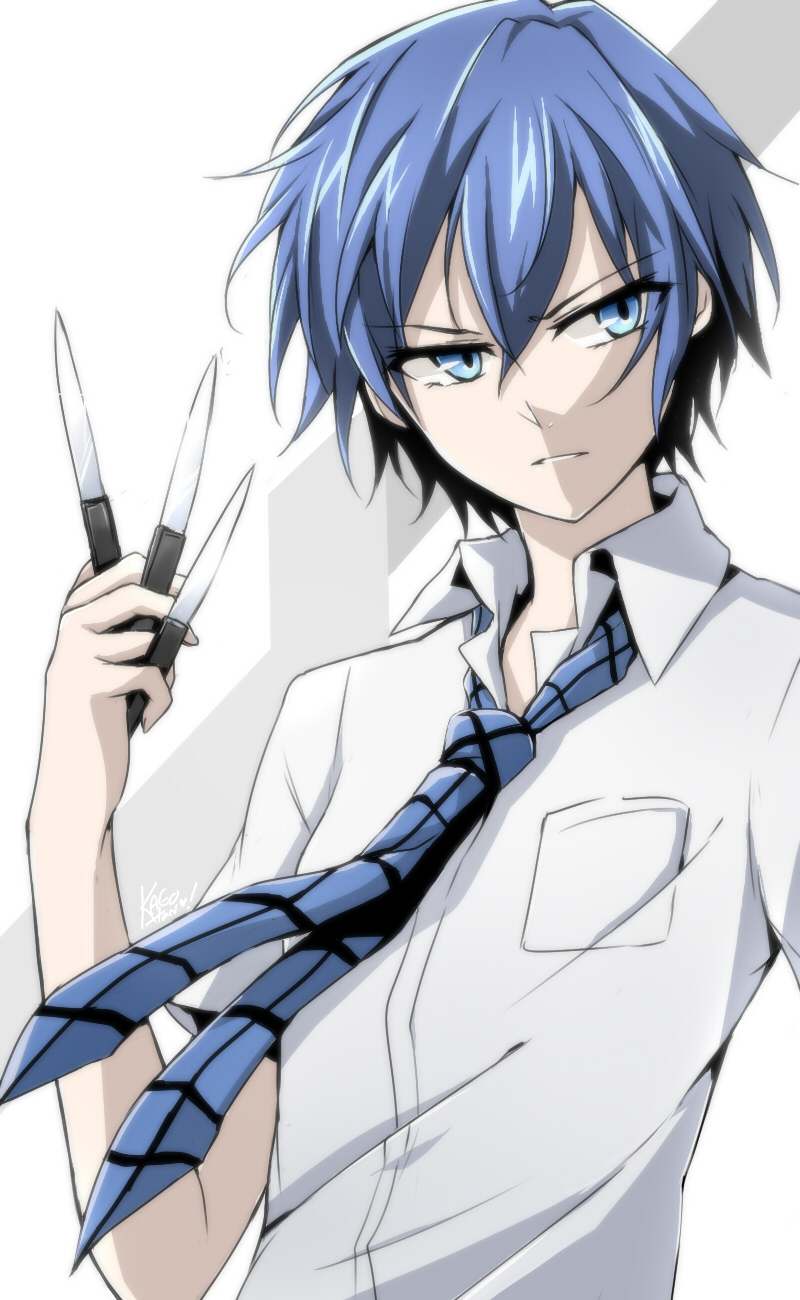 1girl akuma_no_riddle azuma_tokaku blue_eyes blue_hair highres holding_knife holding_weapon kago-tan knife necktie school_uniform short_hair solo weapon