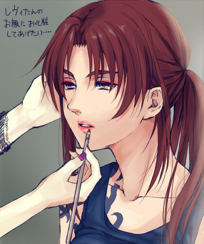 1girl applying_makeup black_lagoon brown_eyes brown_hair lipstick lirico long_hair lowres makeup ponytail revy solo