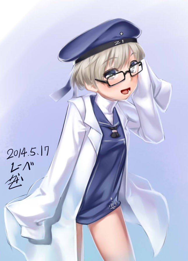 1girl blue_eyes glasses h_kasei hat kantai_collection labcoat personification short_hair silver_hair z1_leberecht_maass_(kantai_collection)