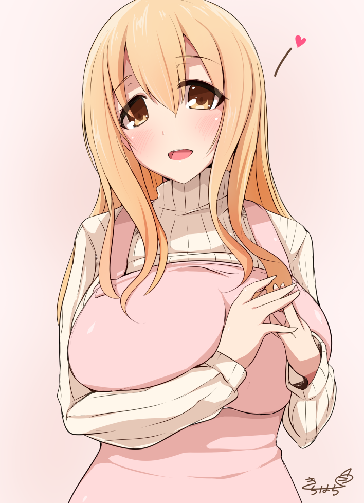 1girl apron breasts brown_eyes brown_hair heart huge_breasts kichi8 open_mouth original pink_background ribbed_sweater simple_background smile solo sweater turtleneck