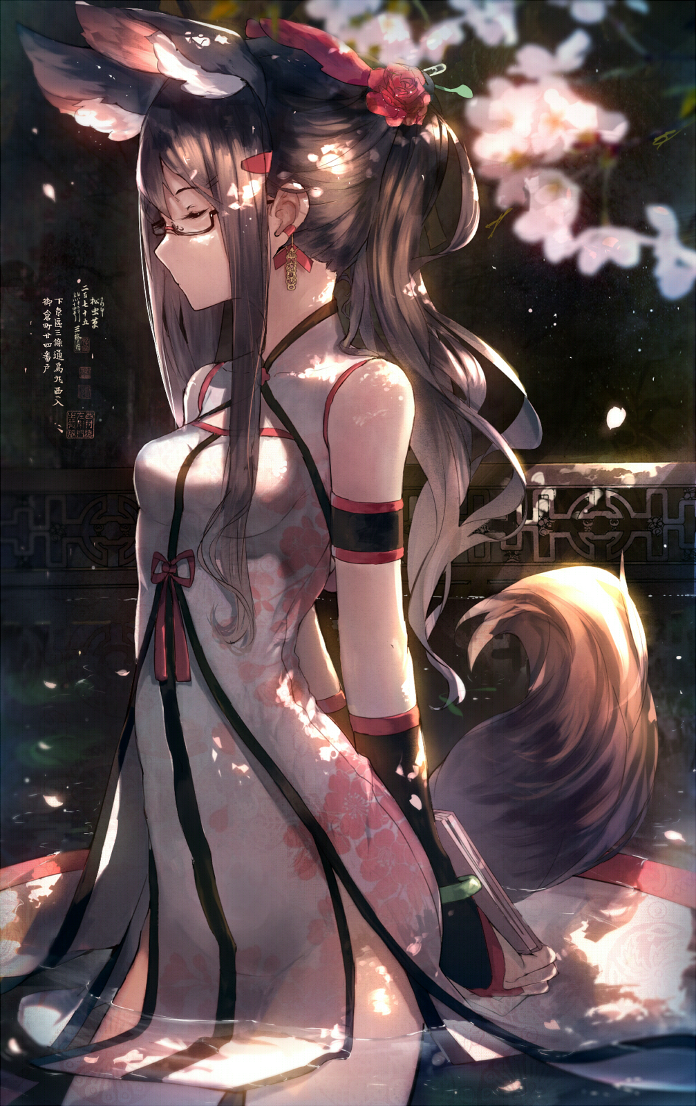 1girl animal_ears black_hair book closed_eyes detached_sleeves dress earrings glasses hadean92 hair_ornament highres jewelry long_hair original partially_submerged solo tail water