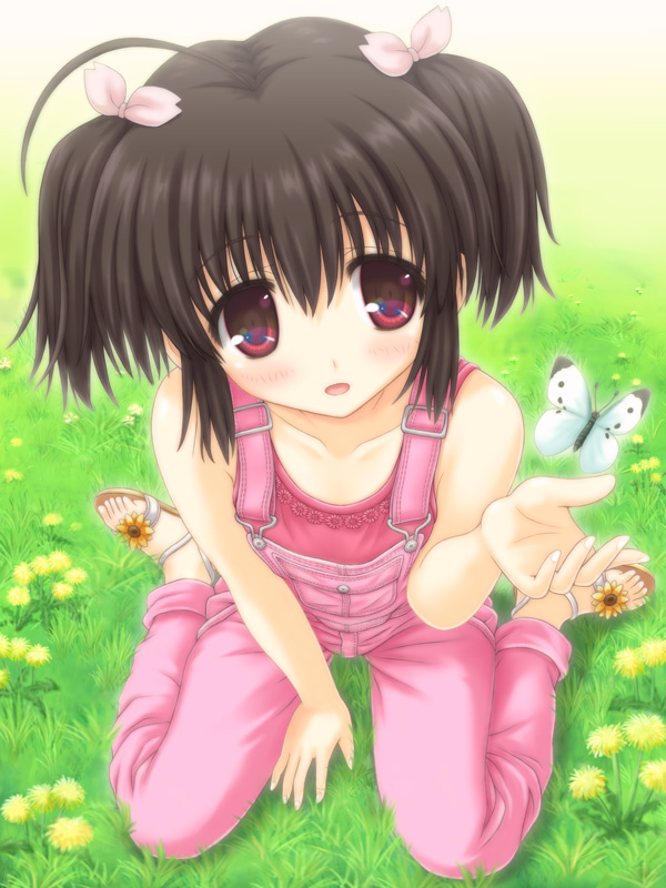 1girl ahoge aoi_akua blush brown_hair butterfly collarbone flower grass overalls red_eyes sandals short_hair sitting smile solo to_heart_2 twintails wariza yuzuhara_konomi