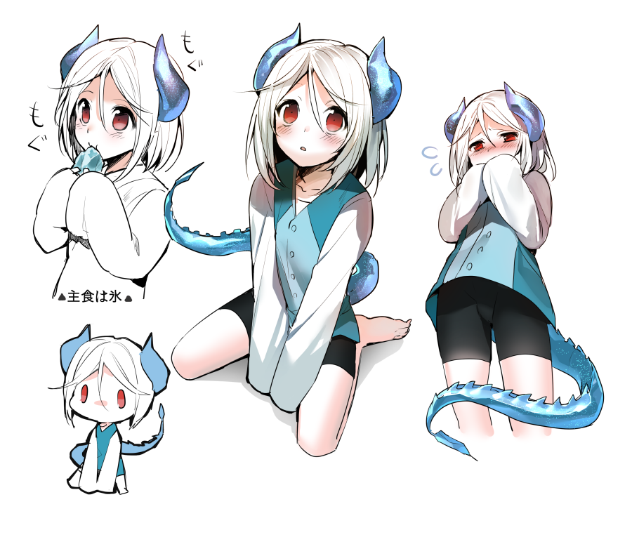 1boy barefoot bike_shorts blush bulge covering_mouth dragon_boy dragon_tail erubo flying_sweatdrops from_below horns monster_boy original red_eyes short_hair sitting tail trap wariza white_background white_hair yuran_(erubo)