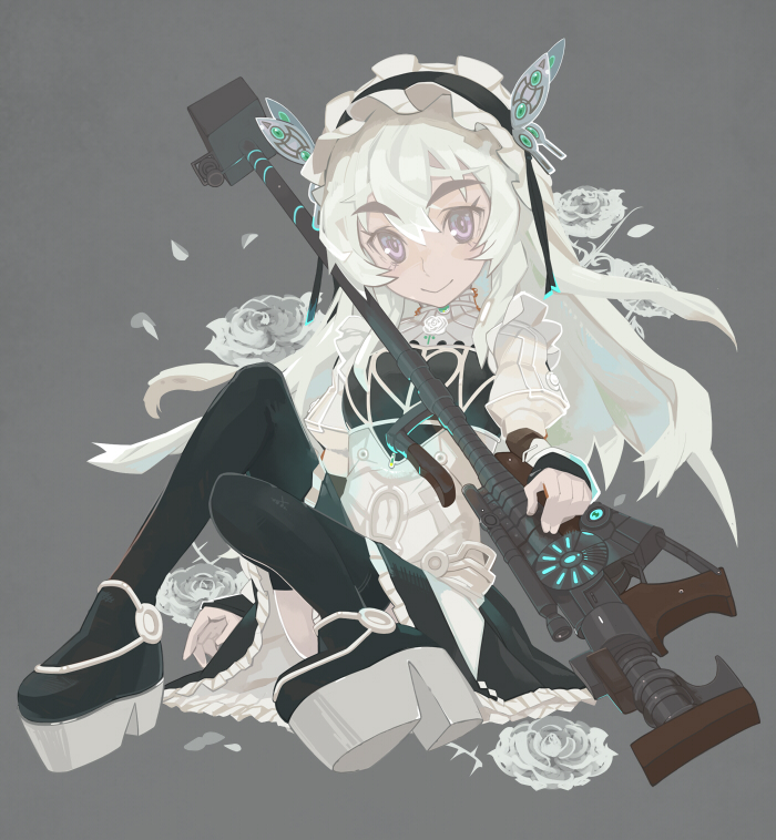 1girl bokaa_(exploration) boots butterfly_hair_ornament chaika_trabant dress gun hair_ornament hairband hitsugi_no_chaika lolita_hairband long_hair looking_at_viewer rifle silver_hair smile sniper_rifle solo thigh-highs thigh_boots violet_eyes weapon