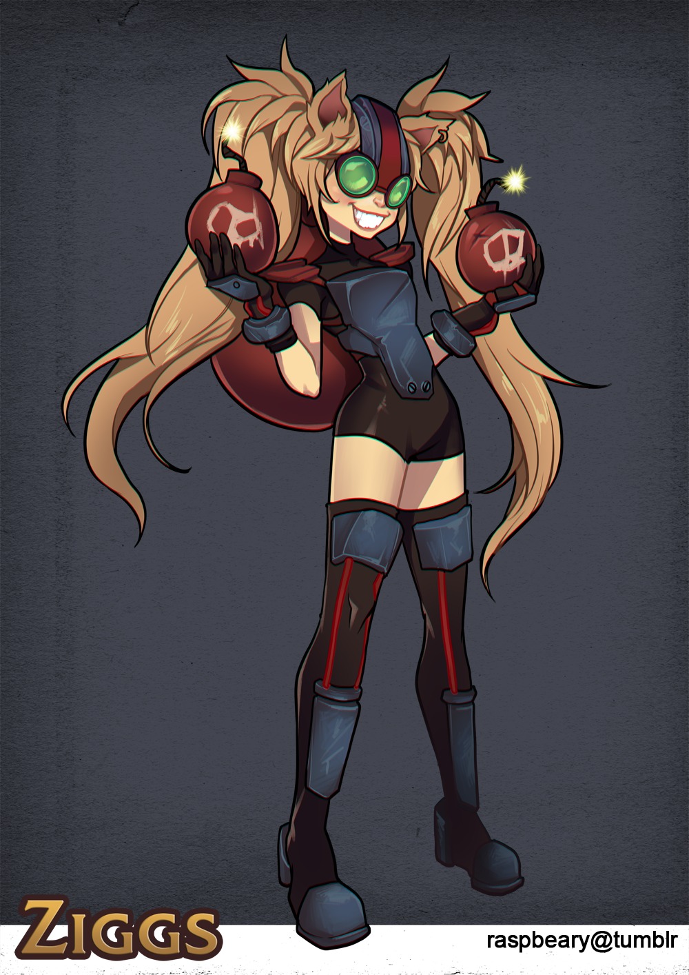 1girl animal_ears artist_request bomb female genderswap goggles grin highres league_of_legends smile solo thigh-highs twintails ziggs
