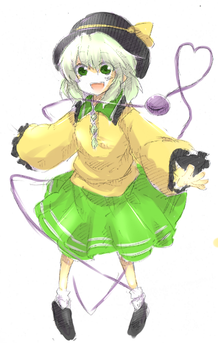 1girl :d green_eyes green_skirt hat hat_ribbon heart heart_of_string komeiji_koishi long_sleeves open_mouth outstretched_arms pigeon-toed ribbon shoes simple_background skirt smile socks solo third_eye touhou wide_sleeves yuichiitan