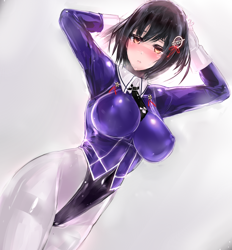 1girl adapted_costume arms_behind_head ascot black_hair black_neckwear brown_eyes cowboy_shot gloves grey_background haguro_(kantai_collection) hair_ornament impossible_clothes impossible_leotard kantai_collection leotard looking_at_viewer multicolored_leotard pantyhose purple_leotard remodel_(kantai_collection) short_hair simple_background solo uni96_(uknee96) uniform white_gloves white_legwear