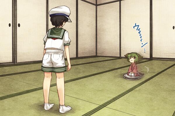 :3 animal_ears black_hair dress green_eyes green_hair hat kasodani_kyouko multiple_girls murasa_minamitsu roomba sailor_collar sailor_hat short_hair shorts smile solo tatami touhou urin vacuum_cleaner white_legwear