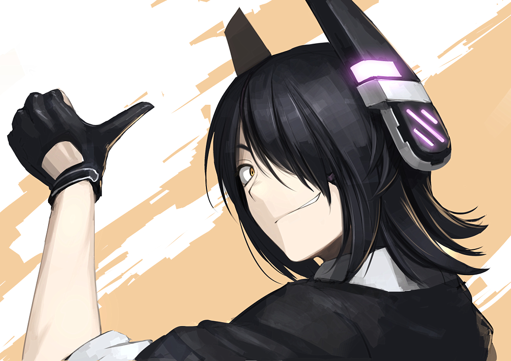 1girl black_hair eyepatch fingerless_gloves gloves grin hair_over_one_eye headgear hetza_(hellshock) kantai_collection looking_at_viewer looking_back personification school_uniform short_hair smile solo tenryuu_(kantai_collection) thumbs_up yellow_eyes