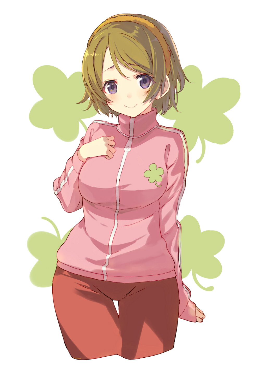 1girl blush brown_hair hairband hand_on_own_chest highres koizumi_hanayo love_live!_school_idol_project shirabi_(life-is-free) smile solo track_jacket violet_eyes