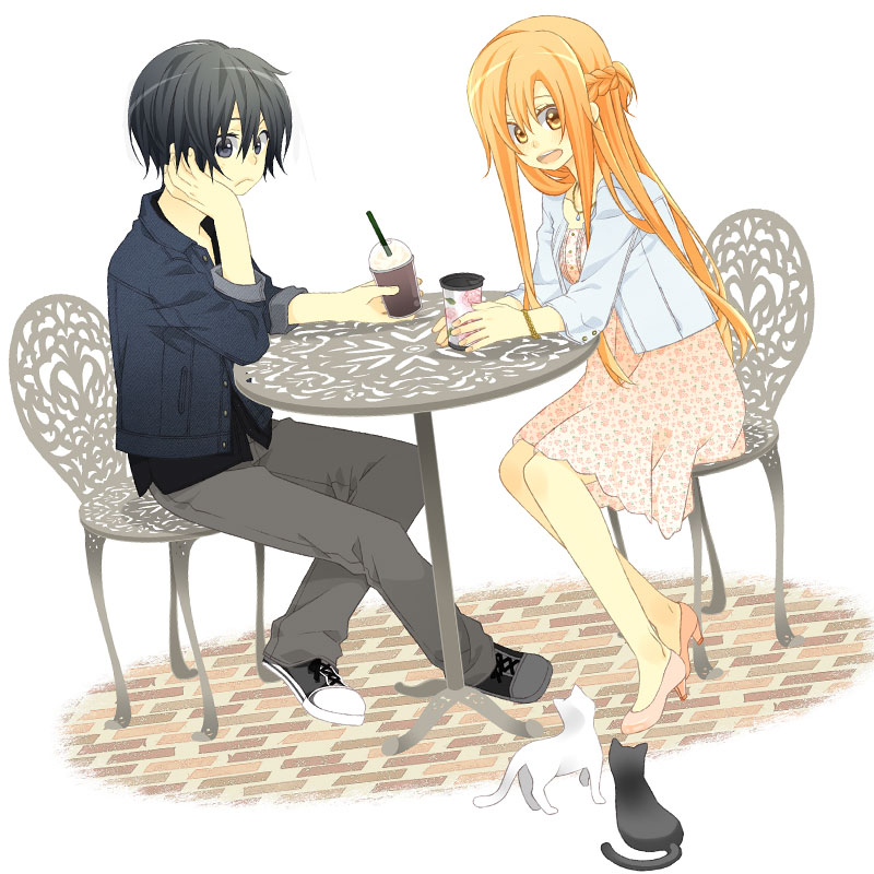 1boy 1girl asuna_(sao) black_eyes black_hair brown_eyes casual cat chair halya kirito long_hair orange_hair short_hair sitting sword_art_online table yuuki_asuna