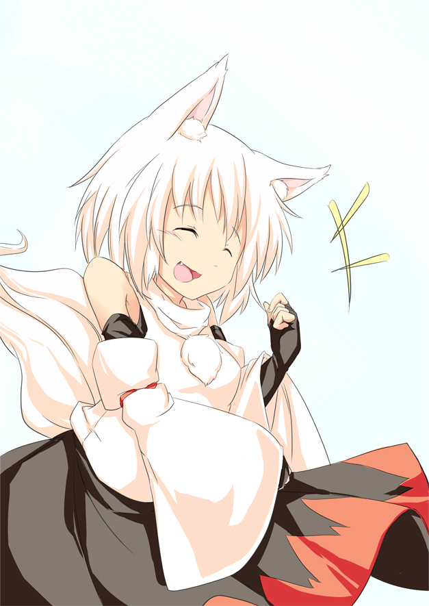 /\/\/\ 1girl animal_ears bare_shoulders blush breasts closed_eyes detached_sleeves fang fingerless_gloves gloves inubashiri_momiji kokutei_n looking_at_viewer open_mouth pom_pom_(clothes) short_hair silver_hair solo tail touhou wolf_ears wolf_tail