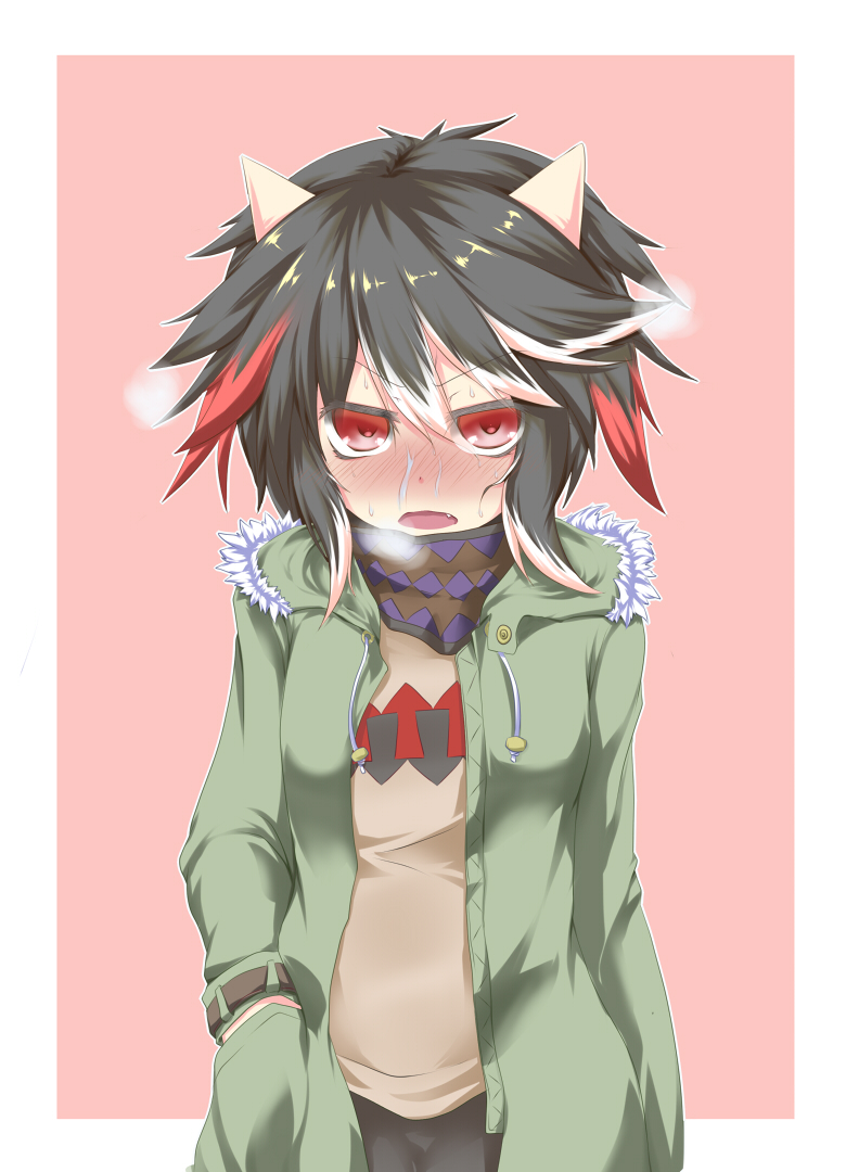 1girl alternate_costume black_hair blush contemporary directional_arrow fang hand_in_pocket horns kijin_seija killing looking_at_viewer multicolored_hair open_mouth pink_background red_eyes redhead scarf short_hair solo sweat touhou white_hair winter_clothes winter_coat