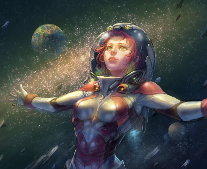 1girl blue_eyes bodysuit breasts chen_yue helmet lips nose outstretched_arms pink_hair planet realistic science_fiction short_hair solo space spacesuit