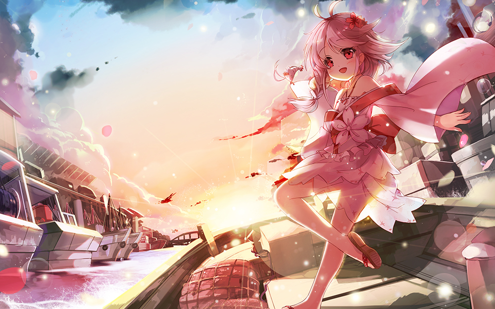 1girl ahoge bare_shoulders boat braid flower fuyouchu hair_flower hair_ornament long_hair original pink_hair red_eyes sandals single_braid skirt sky smile solo water