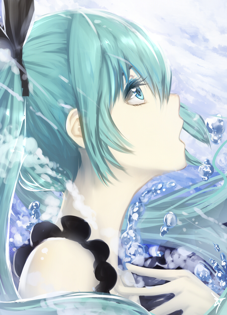 1girl aqua_eyes aqua_hair clouds ex-trident hand_on_own_chest hatsune_miku highres long_hair looking_up portrait profile singing sky solo twintails vocaloid water water_drop