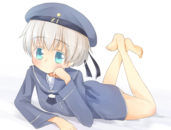 1girl aiba_kou barefoot beret blue_eyes blush chin_rest clothes_writing crossed_legs hat kantai_collection looking_at_viewer lying on_stomach sailor_dress short_hair silver_hair solo z1_leberecht_maass_(kantai_collection)