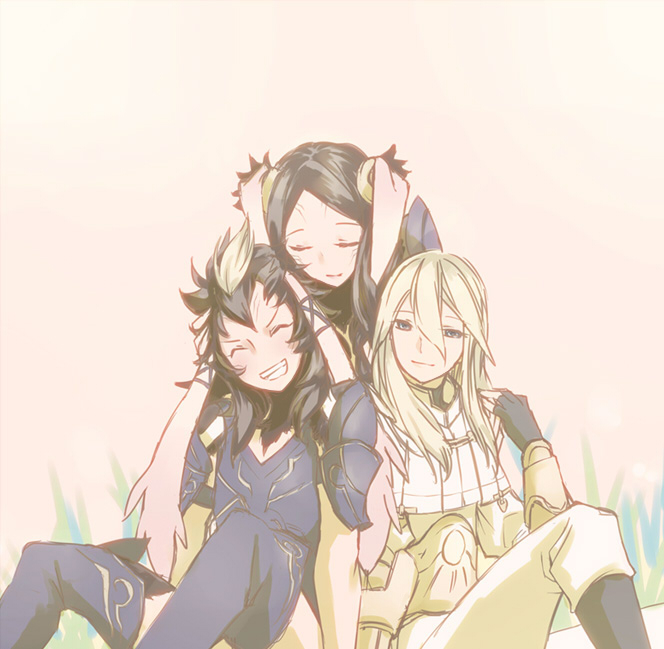 1girl 2boys animal_ears armor blonde_hair blue_eyes brown_hair chambray closed_eyes family fingerless_gloves fire_emblem fire_emblem:_kakusei gloves grin long_hair multiple_boys rabbit_ears riviera_(fire_emblem) ruriko_(oyatudaisuki) sitting smile velvet_(fire_emblem)