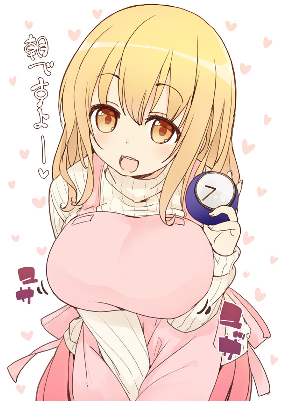 1girl apron blonde_hair blush breasts heart itou_life large_breasts long_hair looking_at_viewer open_mouth ribbed_sweater simple_background smile solo sunoharasou_no_kanrinin-san sweater translation_request turtleneck turtleneck_sweater yellow_eyes