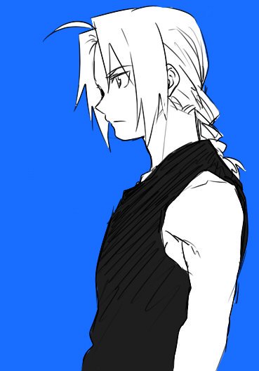 1boy black_shirt blue_background braid edward_elric expressionless eyebrows_visible_through_hair fullmetal_alchemist long_hair looking_away male_focus monochrome riru shirt sleeveless standing