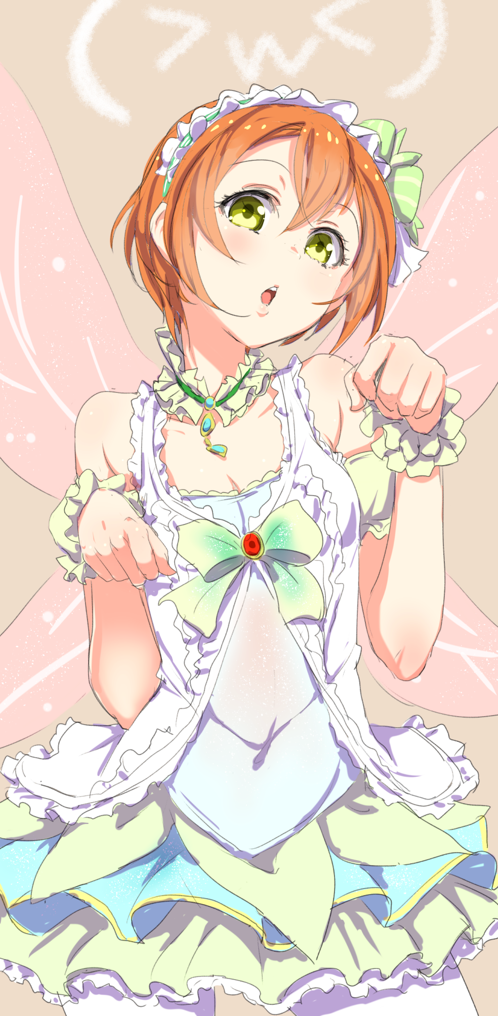 1girl bare_shoulders blush clearite dress highres hoshizora_rin looking_at_viewer love_live!_school_idol_project open_mouth orange_hair paw_pose short_hair solo wings wristband yellow_eyes