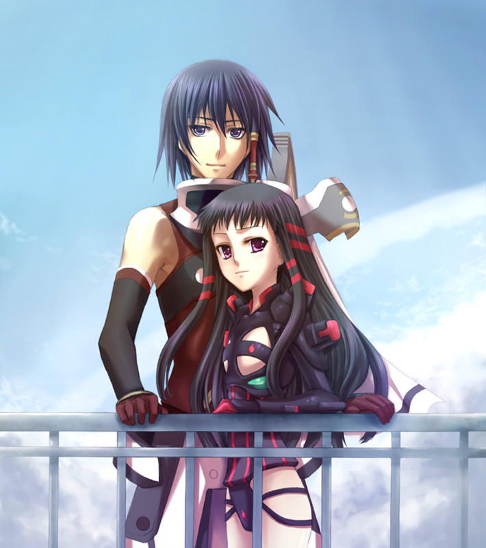 1girl ar_tonelico ar_tonelico_ii black_hair chroah_vatel couple elbow_gloves flat_chest gloves gust jakuri long_hair purple_eyes sasano_shiki smile violet_eyes